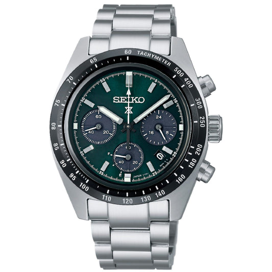 Orologio crono solare Seiko Prospex uomo acciaio quadrante verde ghiera nera 39mm