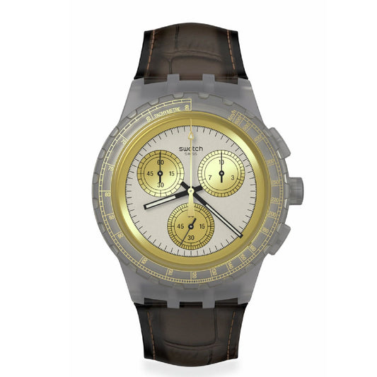 Orologio crono uomo Swatch Holiday Collection plastica cuoio marrone cassa 42 mm