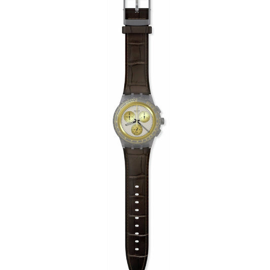 Orologio crono uomo Swatch Holiday Collection plastica cuoio marrone cassa 42 mm