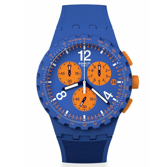 Orologio crono uomo Swatch Essentials in plastica e silicone blu 42mm