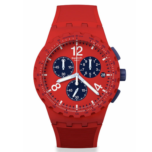 Orologio crono uomo Swatch Essentials in plastica e silicone rosso 42mm