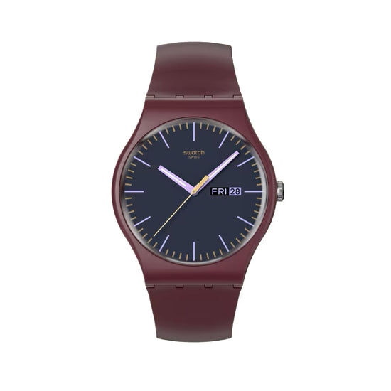 Orologio solo tempo Swatch in silicone bordeaux e nero unisex SW.SO29R707