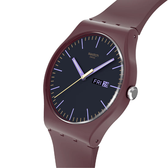 Orologio solo tempo Swatch in silicone bordeaux e nero unisex SW.SO29R707