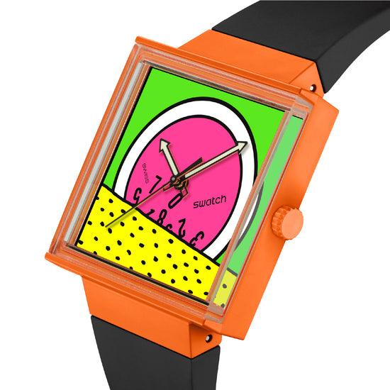 Orologio solo tempo Swatch in bioceramic arancione e nero MISURA UNICA