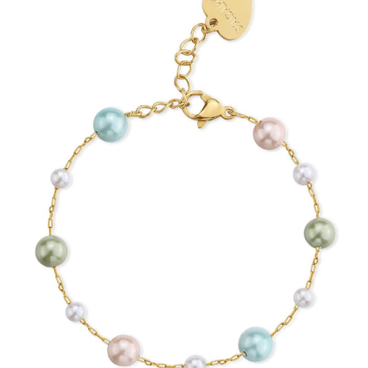 Bracciale donna S'Agapõ Wisdom in acciaio dorato con perle multicolor