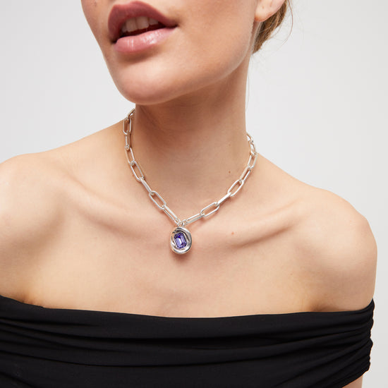 Collana UNO de 50 SER VALIENTE rodiato con cristallo viola MISURA UNICA