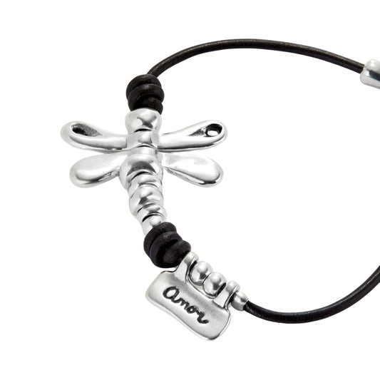 Bracciale in pelle UNO de 50 con libellula in metallo rodiato 16 cm