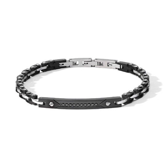 Bracciale uomo Comete Zip in acciaio nero e piastrina con zirconi neri