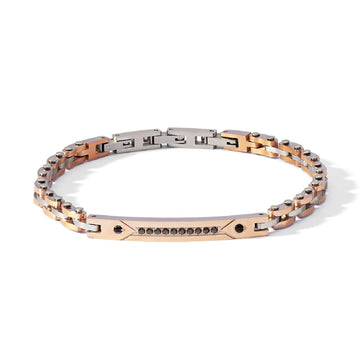 Bracciale uomo Comete Zip in acciaio rosé e piastrina con zirconi neri